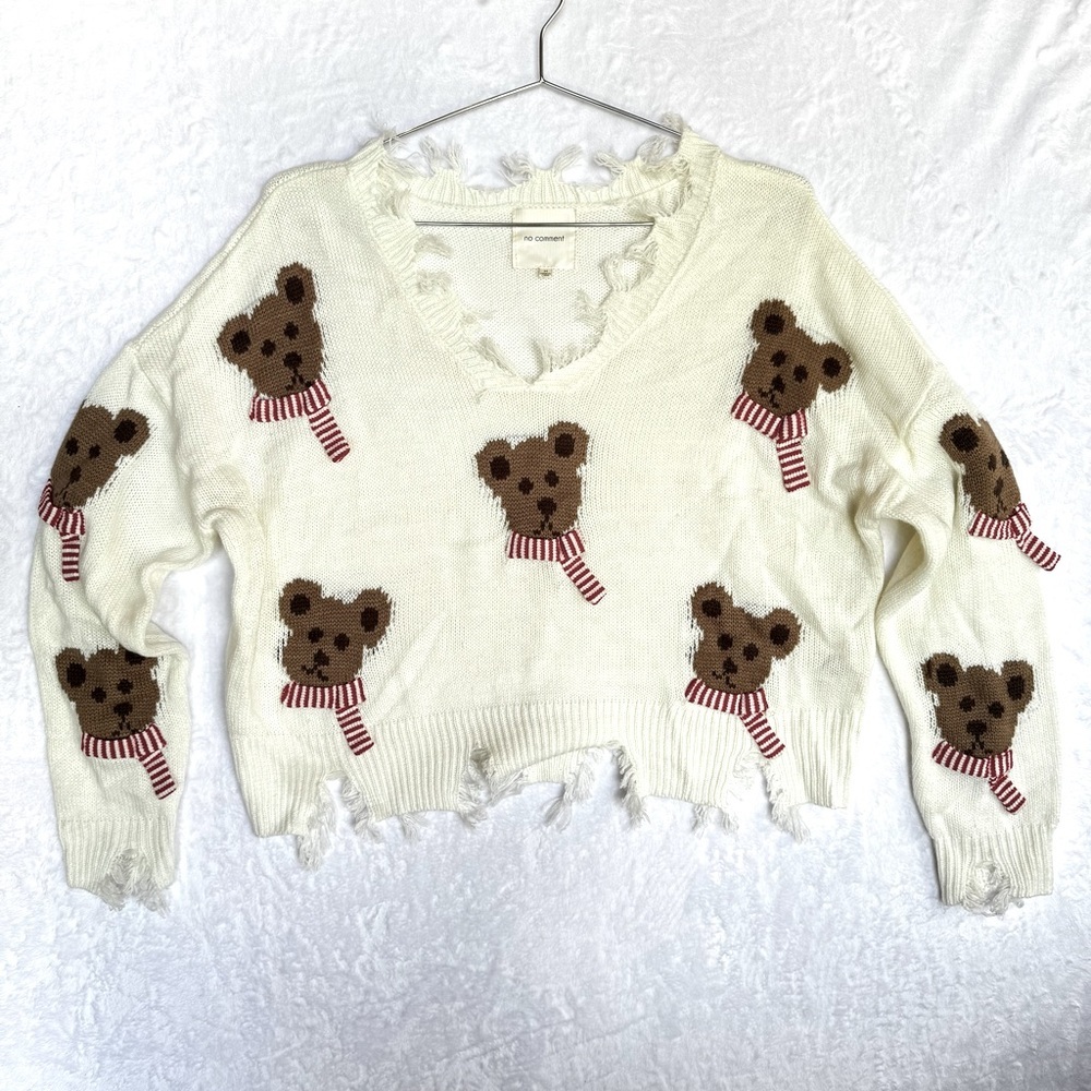 Cropped Sweater Teddy Bears in 3-D Scarves Ripped Fringed Novelty No Comment
